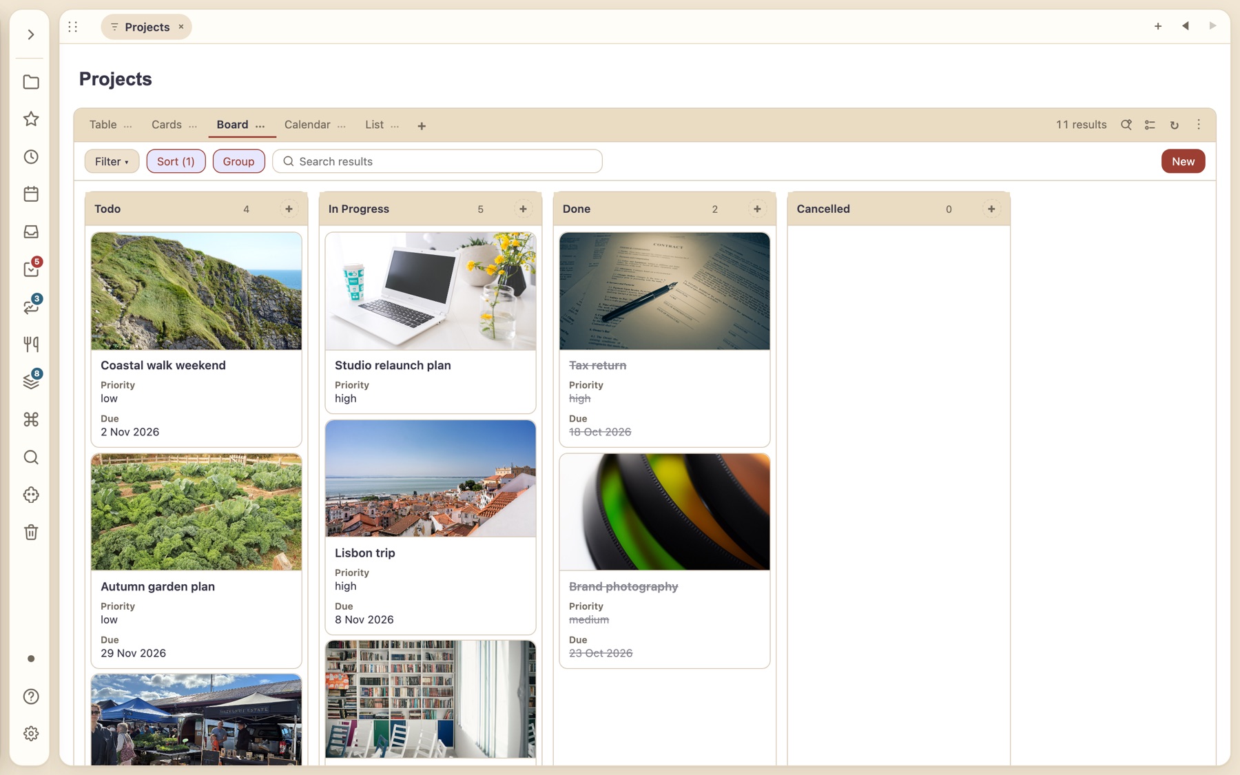Projects as a kanban board grouped by status