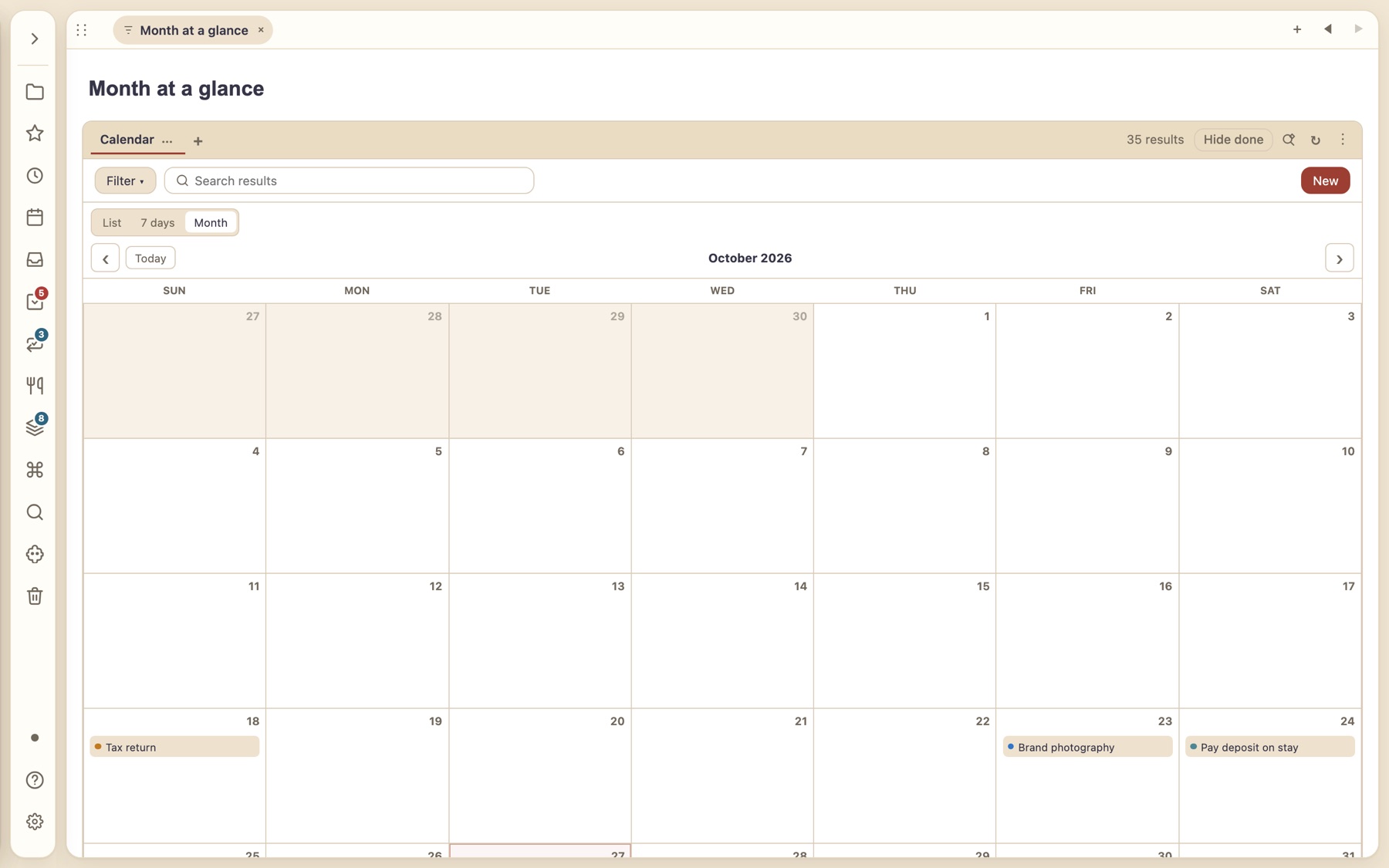 Tasks and projects on a month calendar