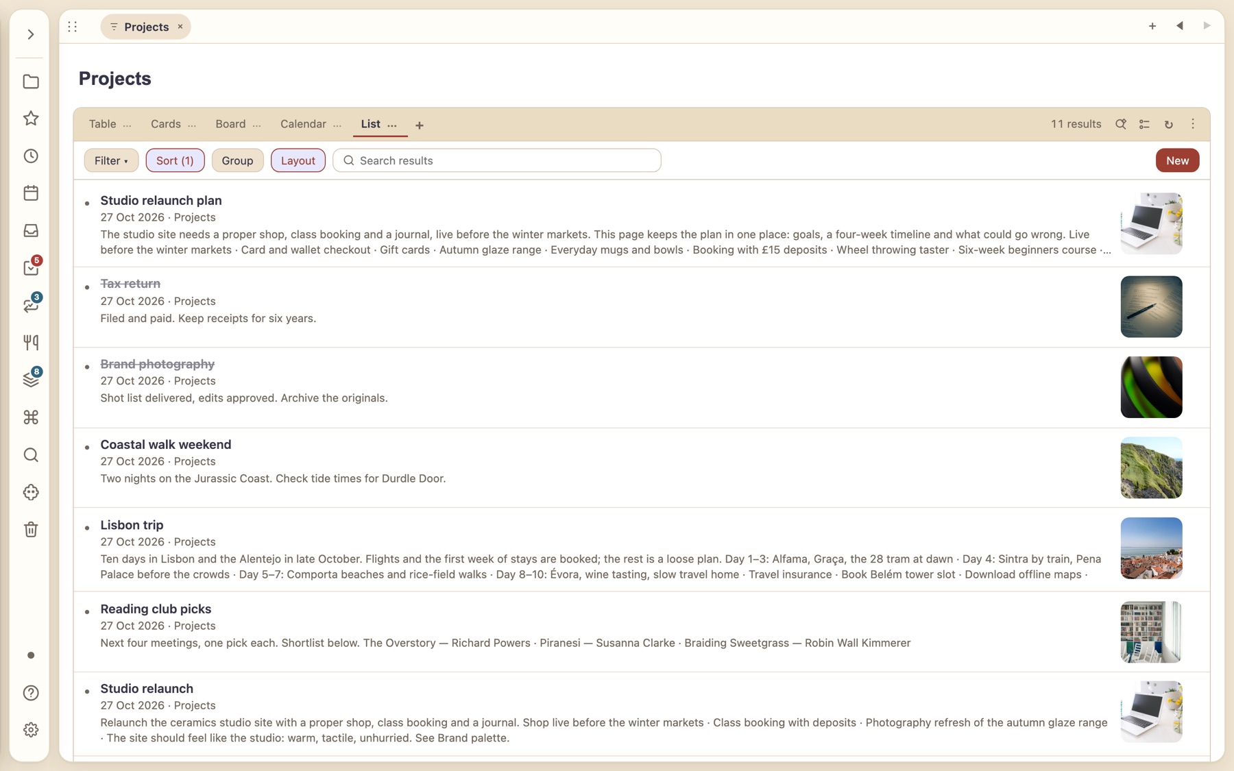 Projects as a list with thumbnails and previews