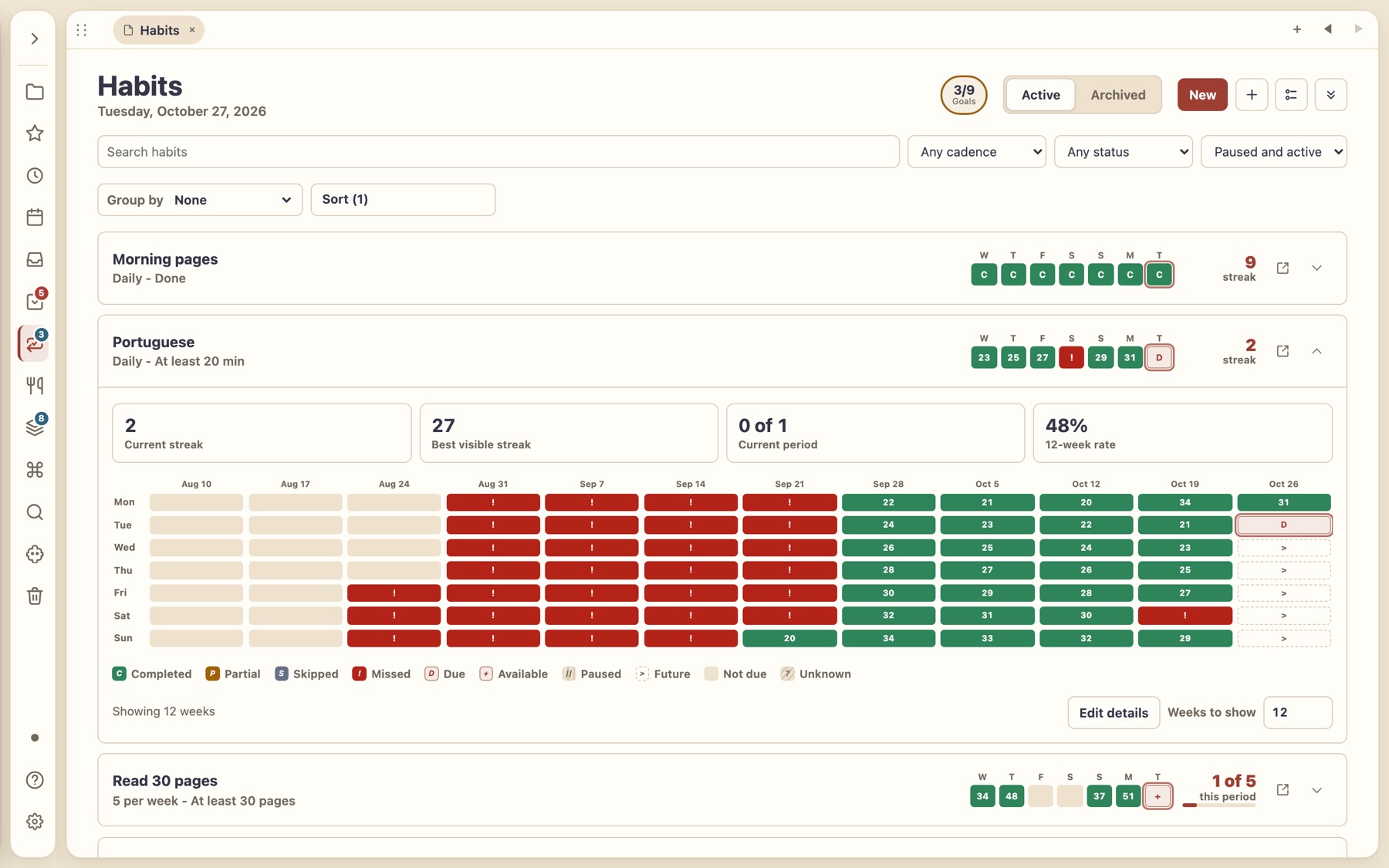 Habits with weekly progress squares and streak counts