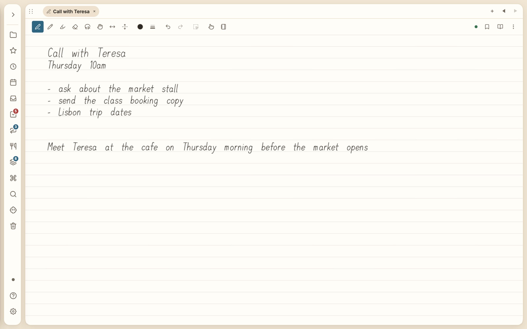 A ruled sheet with handwritten notes and a one-line sentence about meeting Teresa at the cafe
