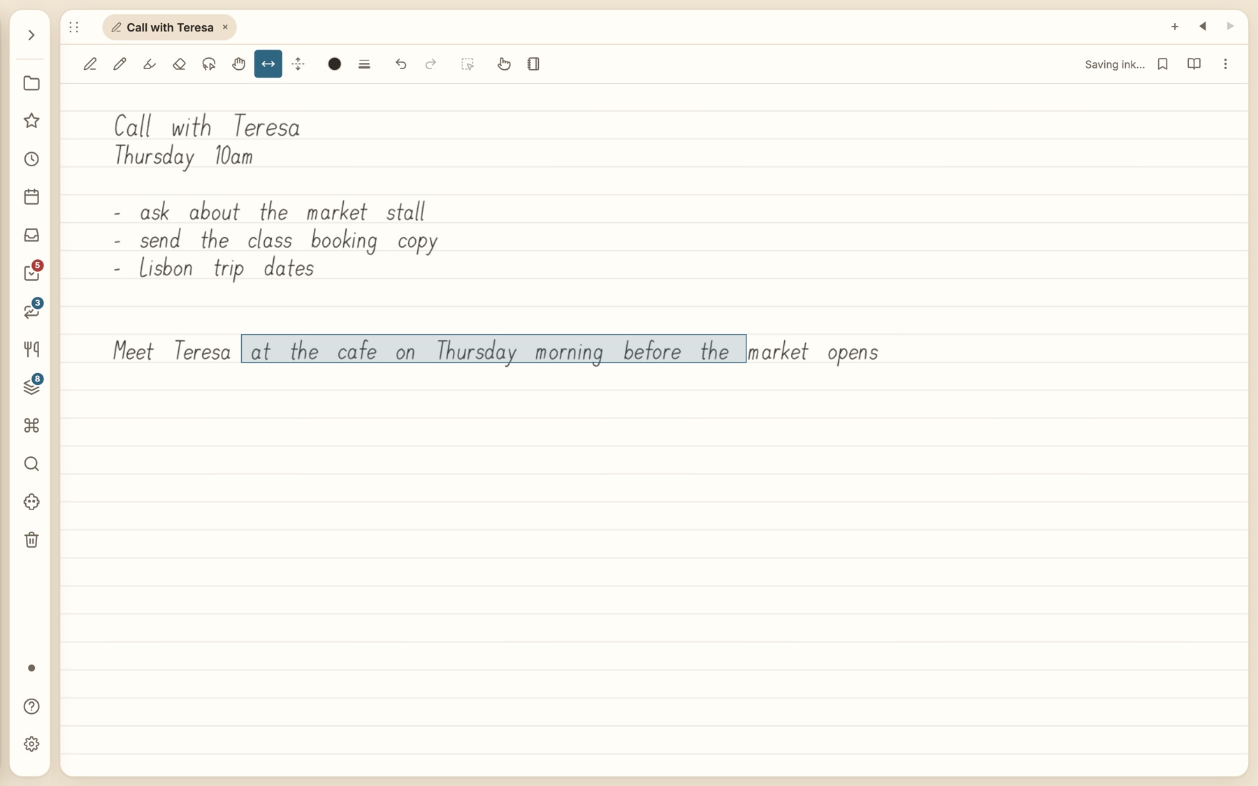 The insert-space tool being dragged across a gap, with the words to the right highlighted and moving with it