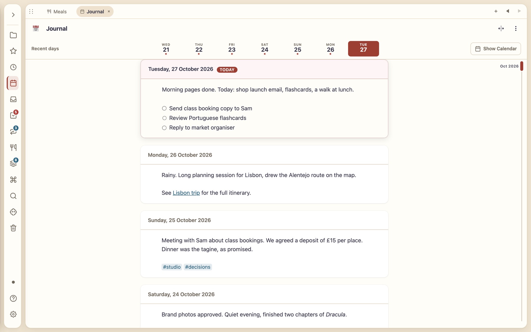 Journal feed with a date strip and daily entries