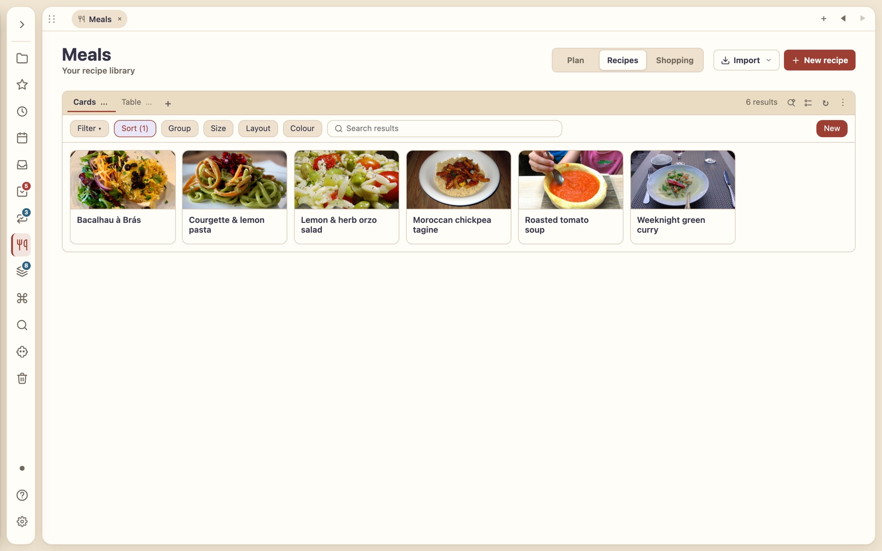 Recipe library cards with food photographs