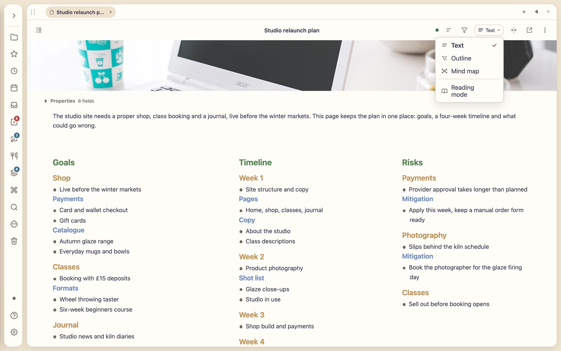 The note view menu open in the header, offering Text, Outline, Mind map and Reading mode