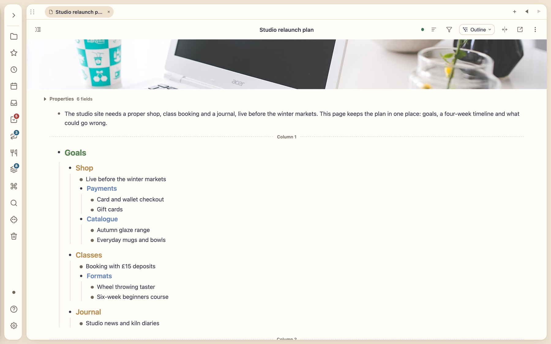 The same note in Outline mode with headings nested four levels deep as bullets, guide lines and labelled column dividers