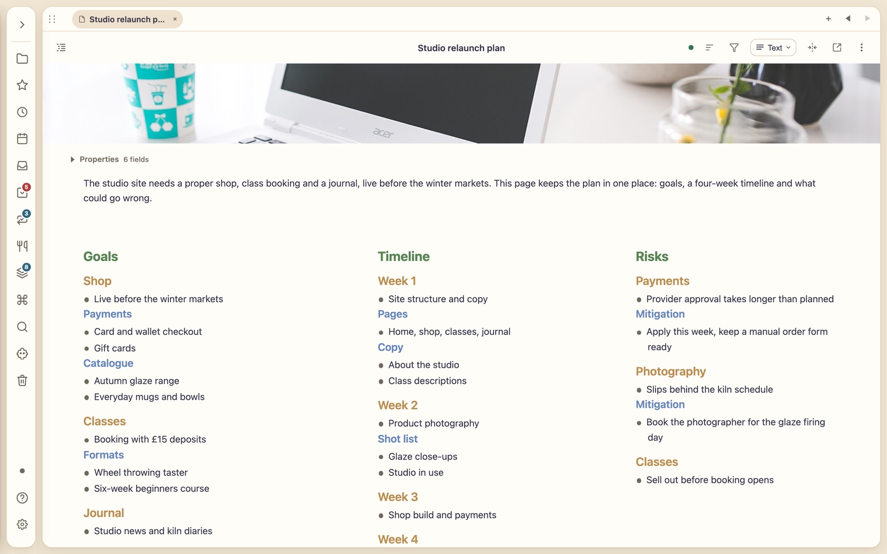 A note with a banner photo and a three-column layout of goals, timeline and risks in Text mode
