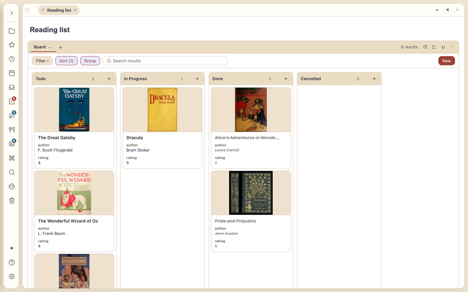 A reading list board with book covers grouped by status