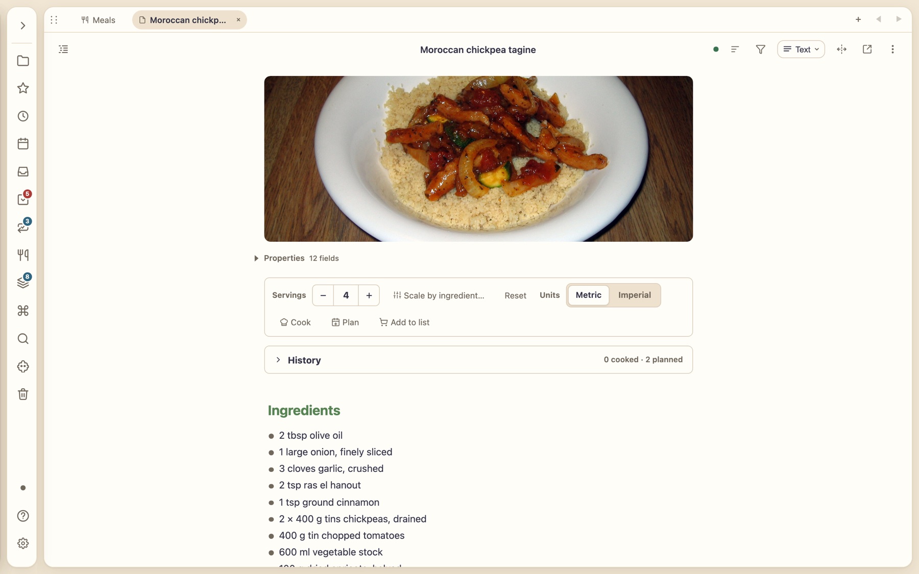 A recipe with a banner photo, serving scaler, Cook, Plan and Add to list buttons