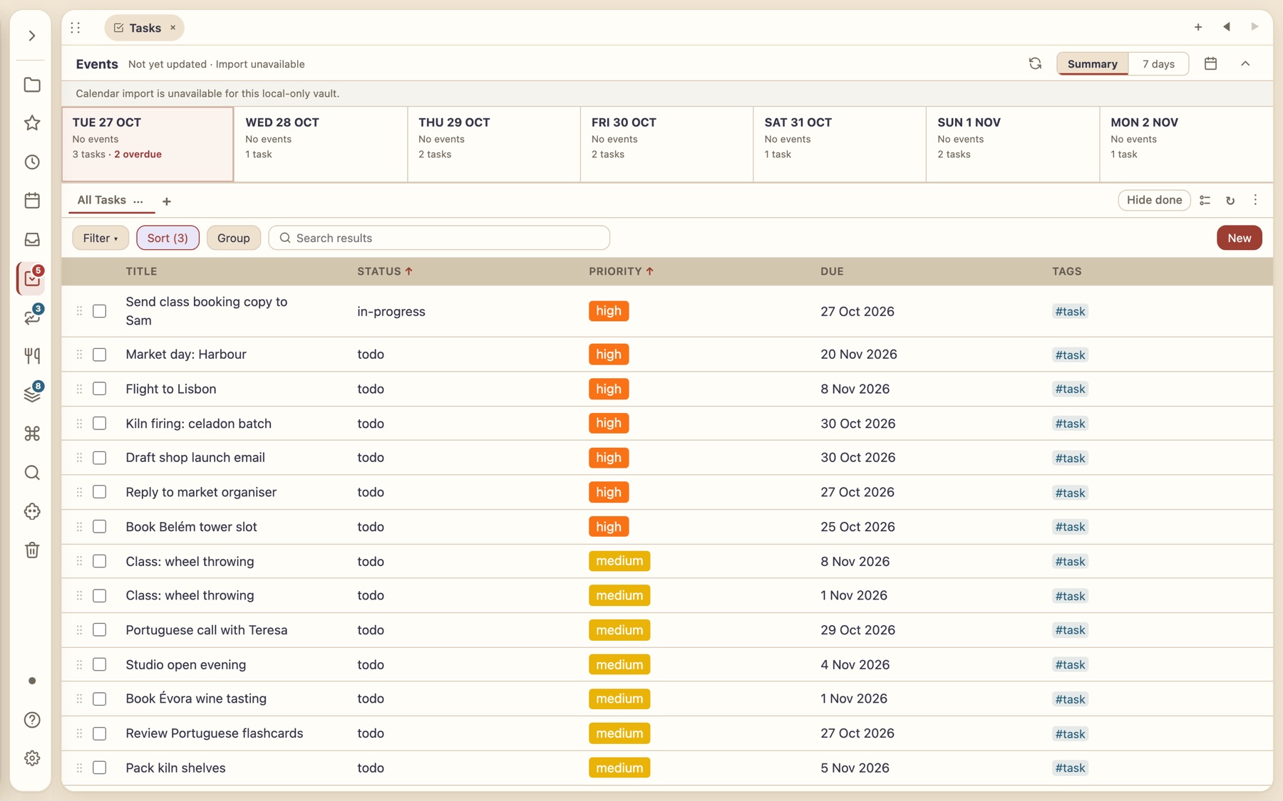 Tasks pane with a seven-day strip and a sortable task table